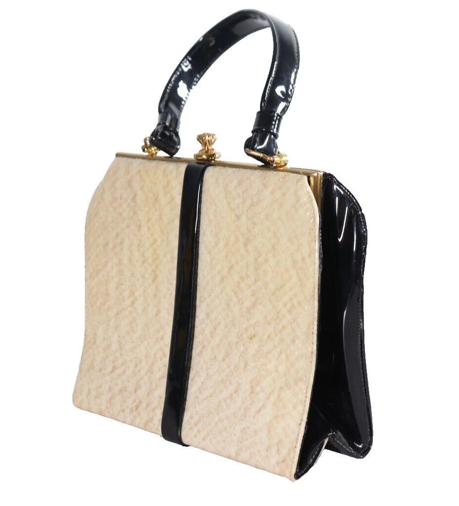 Designer Vintage Cream Black Patent Faux Snake Skin Handbag Purse Bag Size ONE SIZE - 5 Thumbnail