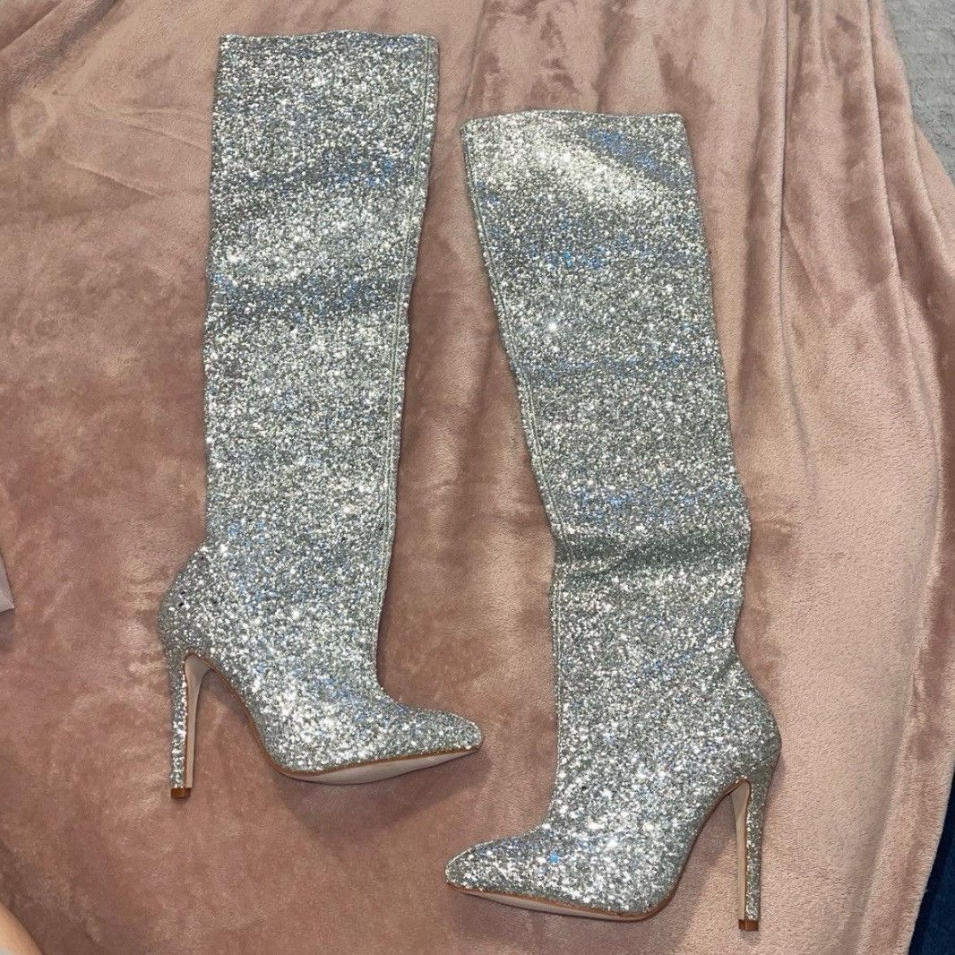 Other Silver Thigh High Pointed Toe Stiletto Heel Boot Women’s 6.5 Size US 6.5 / IT 36.5 - 11 Thumbnail