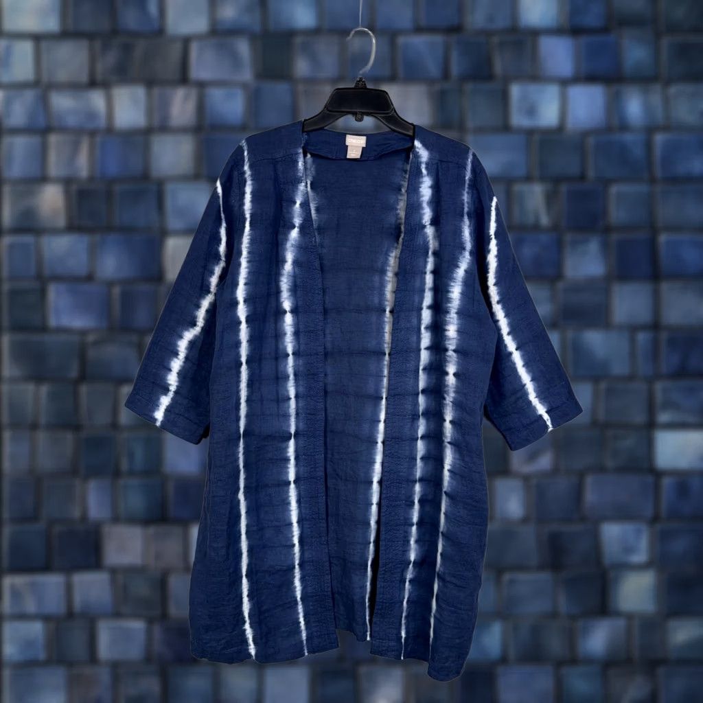 Vintage Chico's Kimono Jacket Womens 2 Blue White Tie Dye Linen Open Front Boho Chic Shirt Jacket Adult Regular XS-XL? Size XL / US 12-14 / IT 48-50 - 1 Thumbnail