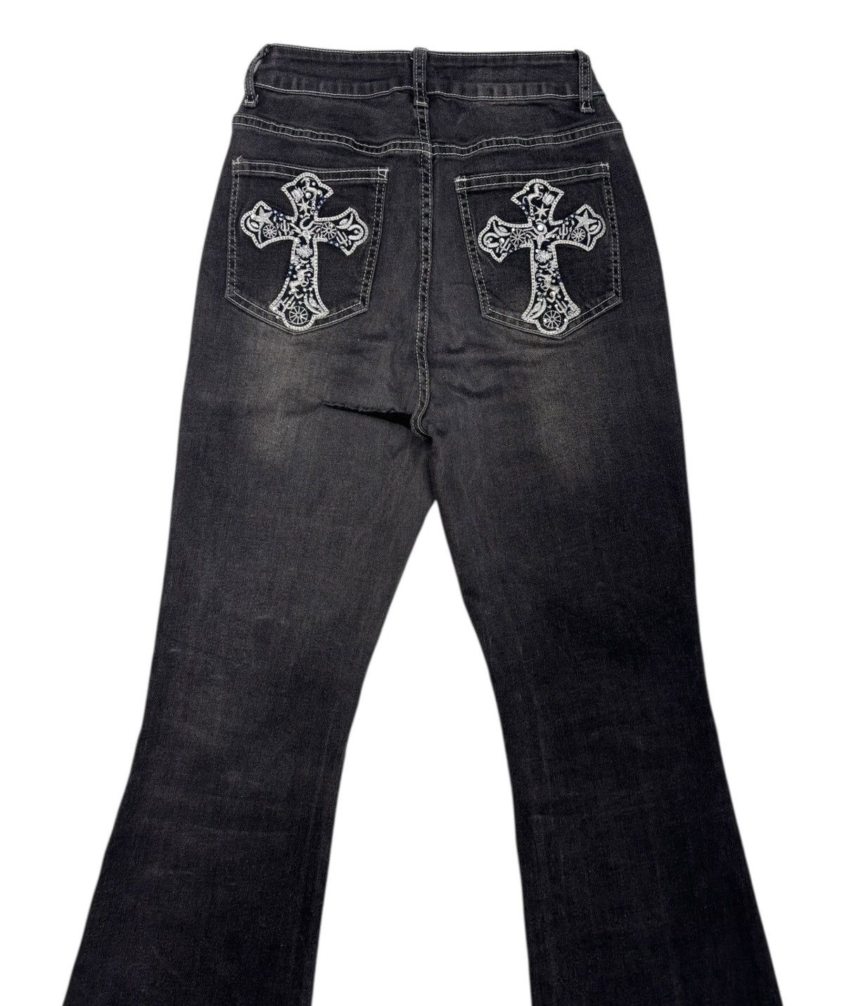 Le Grande Bleu (L.G.B.) 🔥VINTAGE FLARED JEANS CROSS INSPIRED CHROME HEART JEANS Size 23" - 7 Thumbnail
