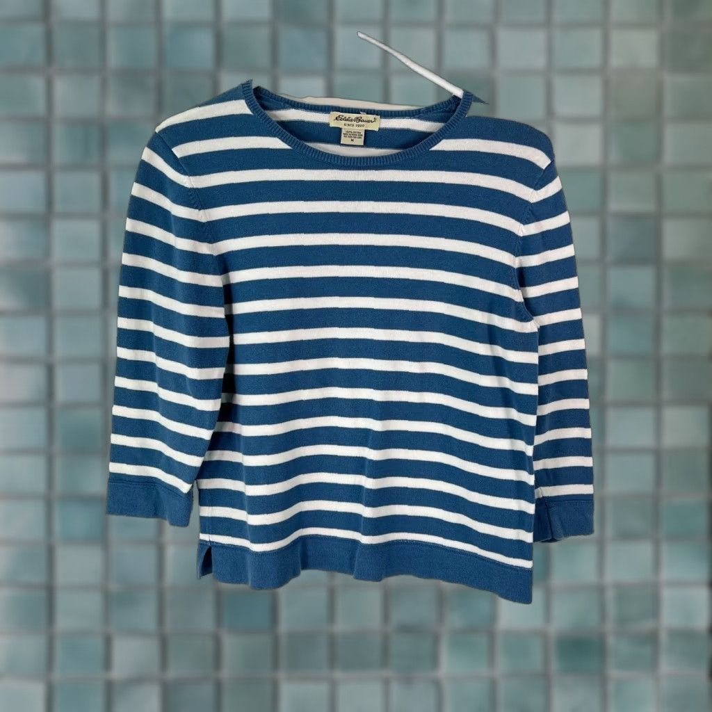 Eddie Bauer Eddie Bauer Womens Sweater Size Medium Crew Neck Striped Blue 100% Cotton Knit Pullover Casual 3/4 Sleeve Size M / US 6-8 / IT 42-44 - 1 Thumbnail