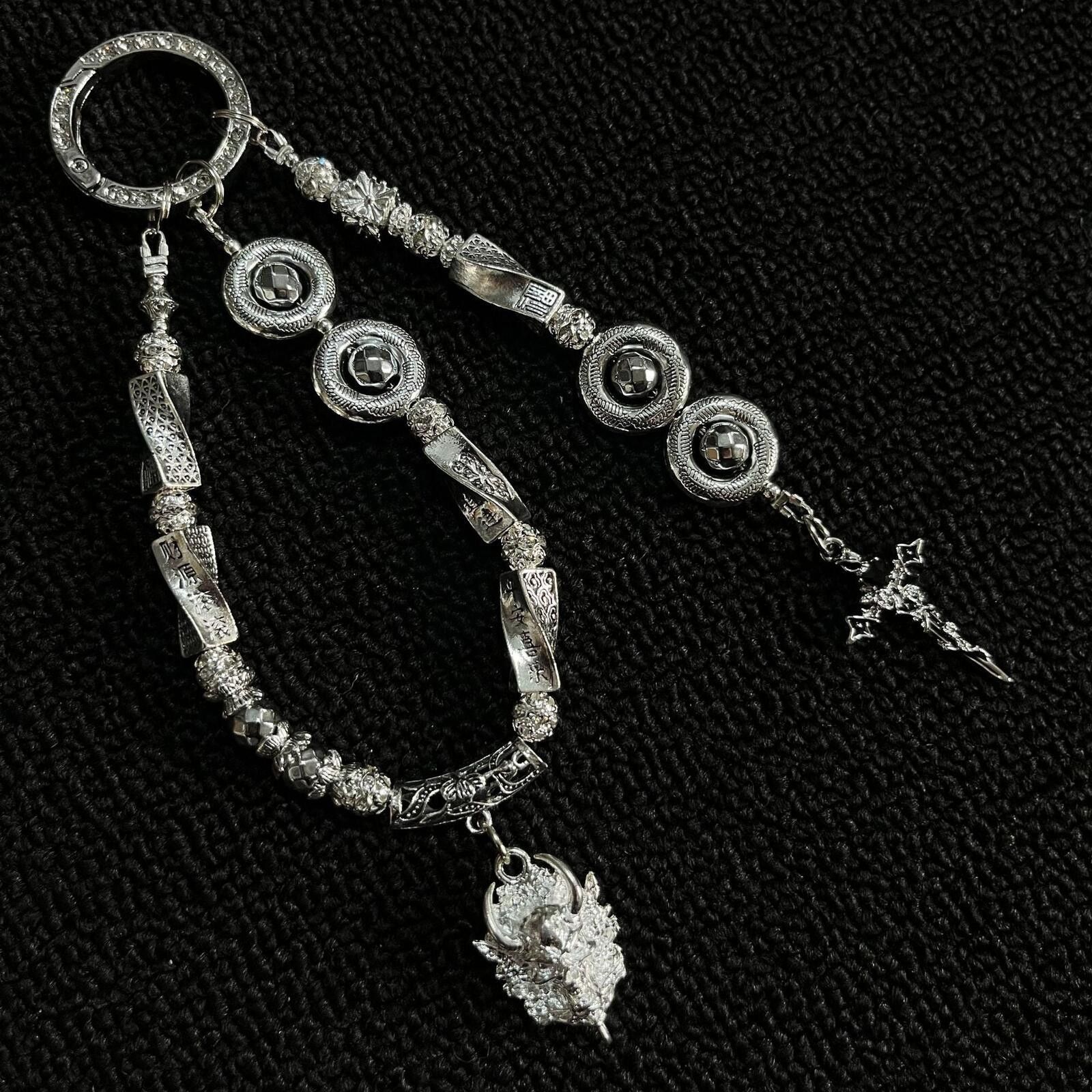 Jewelry Silver Iris Crystal Keychain | Flower Cross Skull Charm Size ONE SIZE - 4 Thumbnail