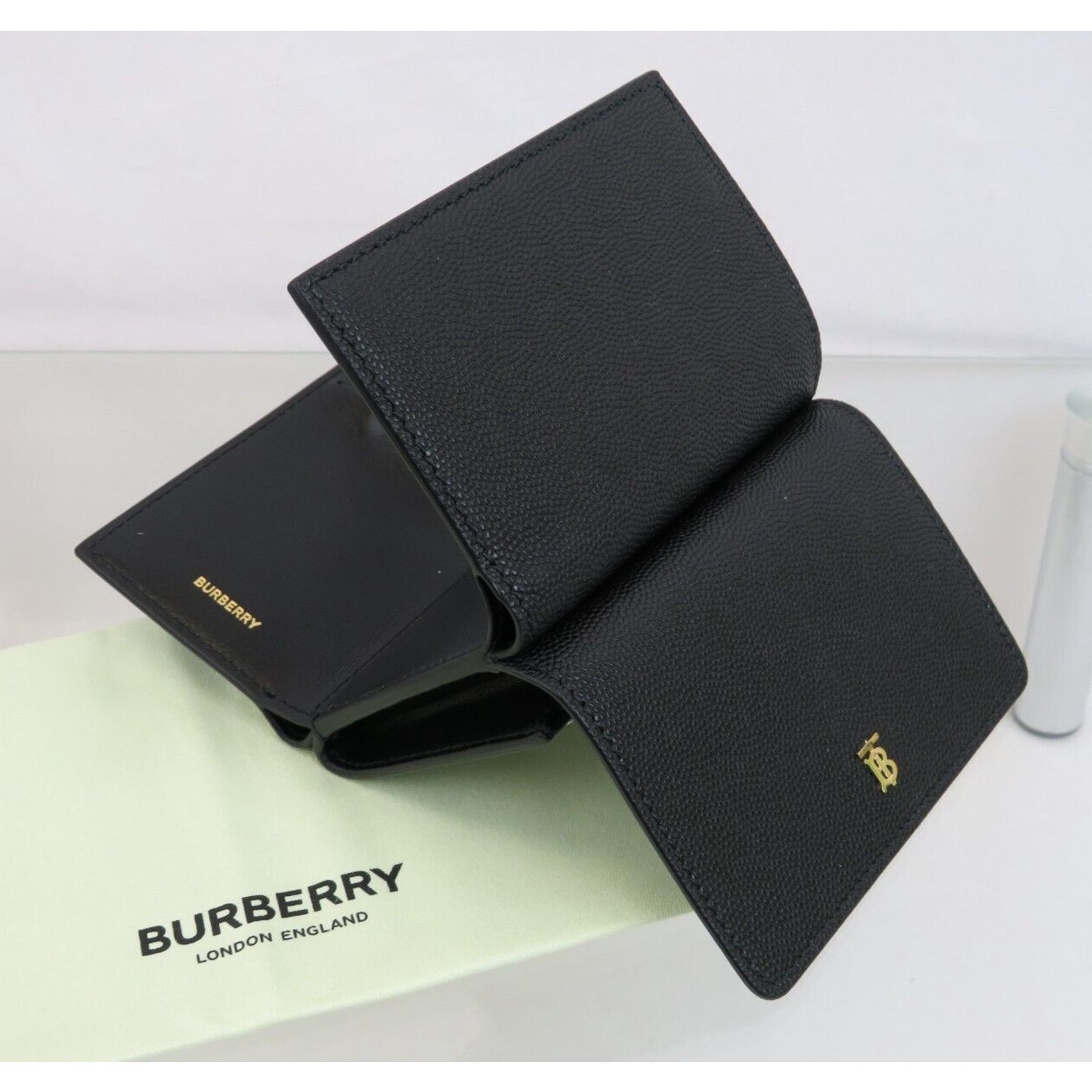 Burberry LARK BLACK GRAIN LEATHER GOLD TB LOGO COMPACT TRIFOLD WALLET ...