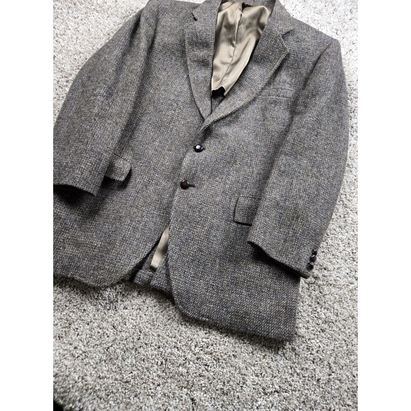 Harris Tweed VINTAGE Harris Tweed Blazer Jacket 44 R Brown Gray Tweed Wool USA Made 80s Men Blazer 2 Piece Single-Breasted USA Mens Size 44R - 2 Thumbnail