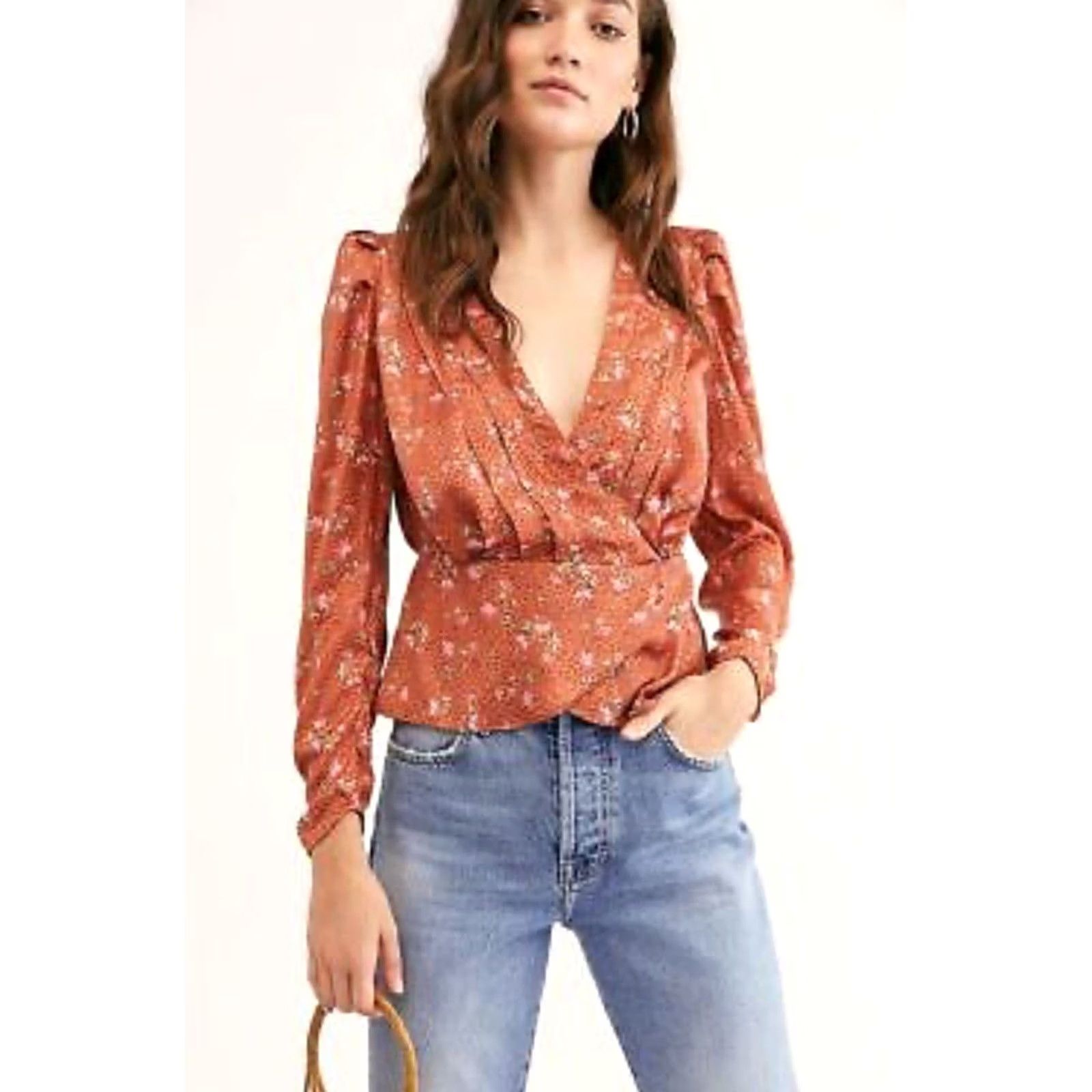 Free People Free People A Night With You Wrap Front Blouse XS Floral V-Neck Long Sleeve Orange Size XS / US 0-2 / IT 36-38 - 2 Thumbnail