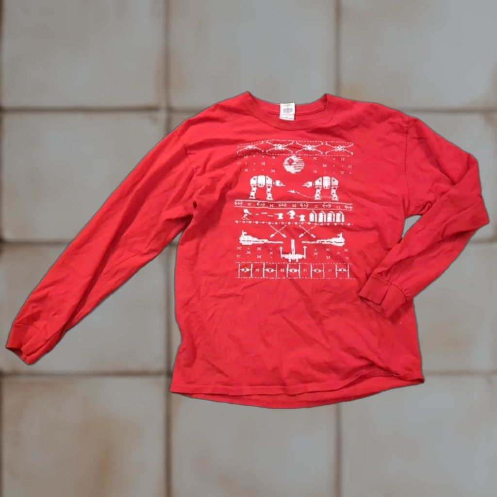 Star Wars VINTAGE Star Wars Shirt Men L Red Christmas Long Sleeve Han Solo Death Star AT-AT X-Wing Size US L / EU 52-54 / 3 - 1 Thumbnail