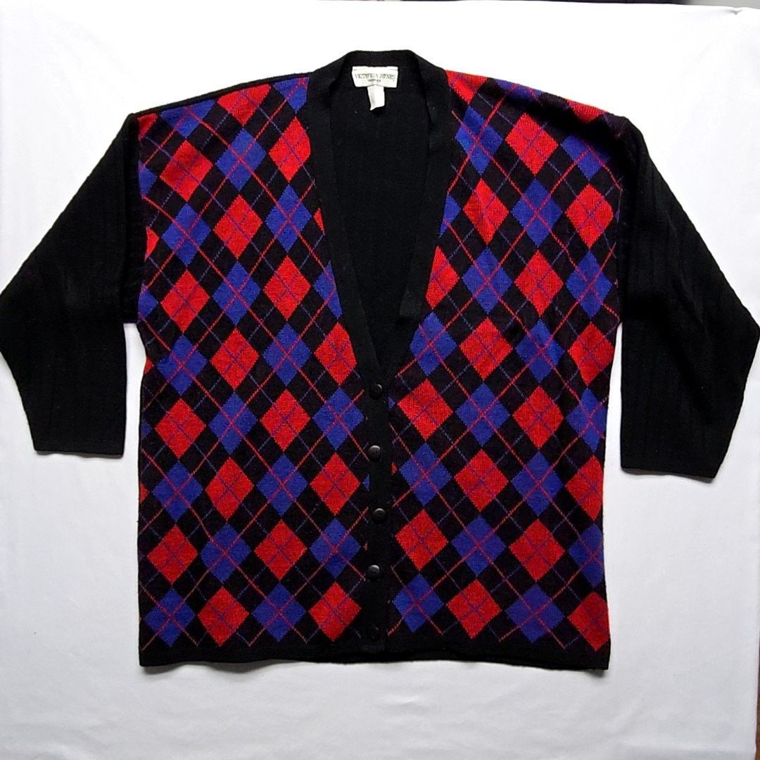 Vintage Vintage Victoria Jones Cardigan Argyle Black Red Blue 2X Size XXL / US 16-18 / IT 52-54 - 1 Thumbnail