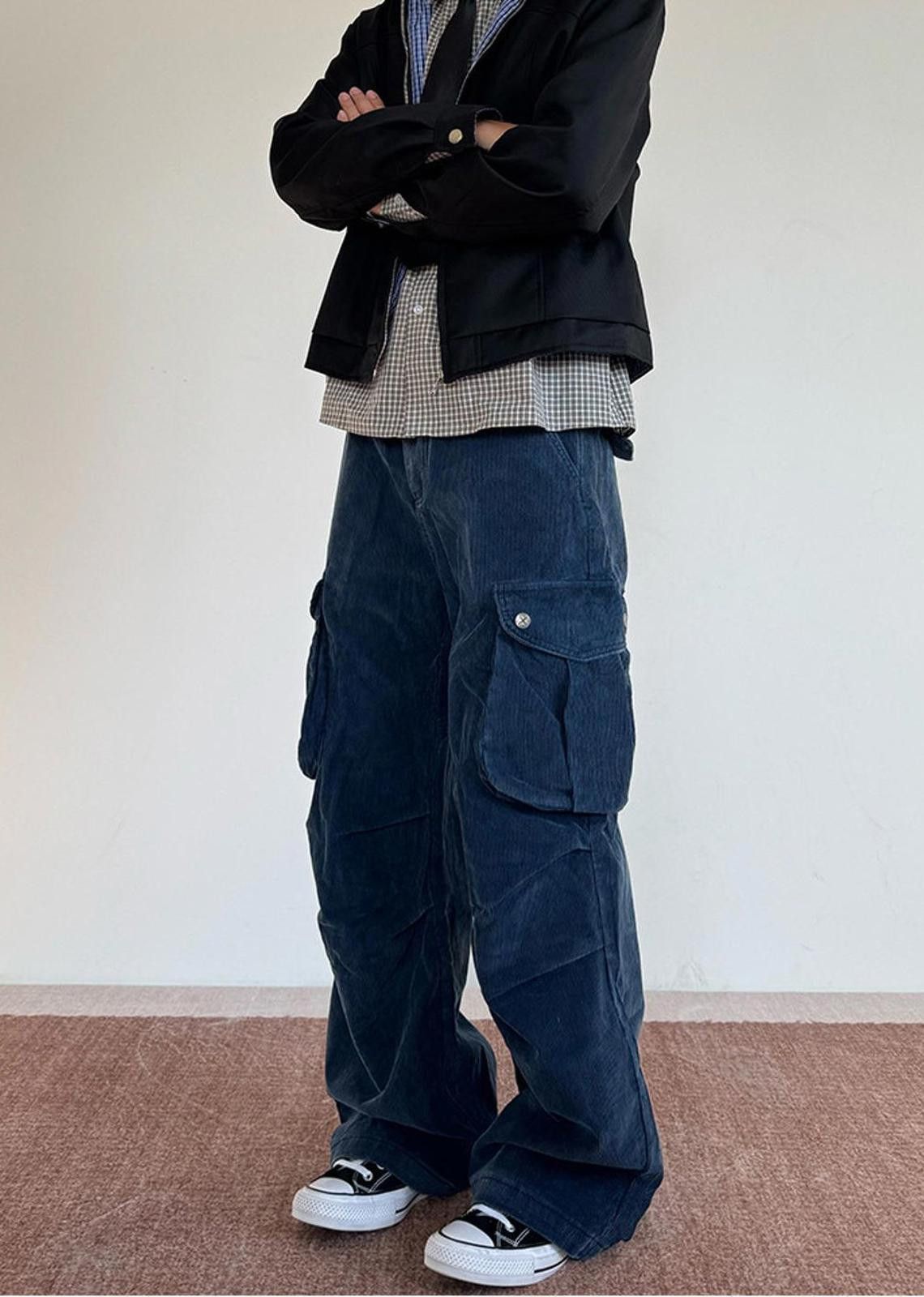 Other Blue Corduroy Multi-Pocket Cargo Wide Leg Pants Size US 30 / EU 46 - 6 Thumbnail