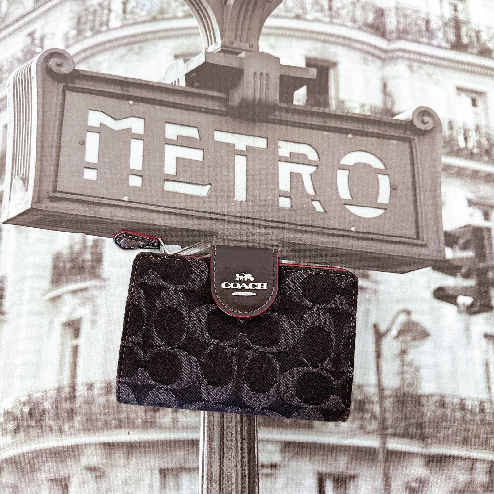 image of Coach Cp435 Medium Corner Zip Wallet In Signature Denim In in Black, Women's