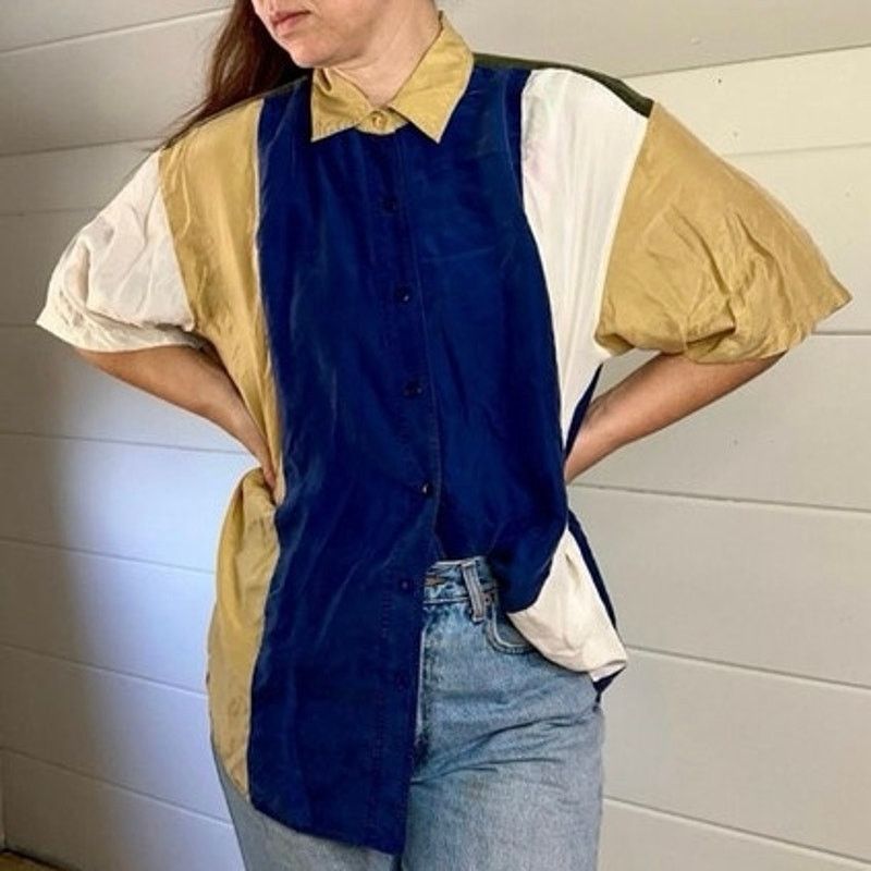 Vintage Vintage 90s Diana Marco Blue tan cream silk blouse Large Size L / US 10 / IT 46 - 1 Thumbnail