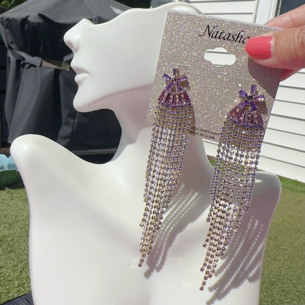 Designer Natasha gold tone purple crystal flower tassel earrings Size ONE SIZE - 1 Thumbnail