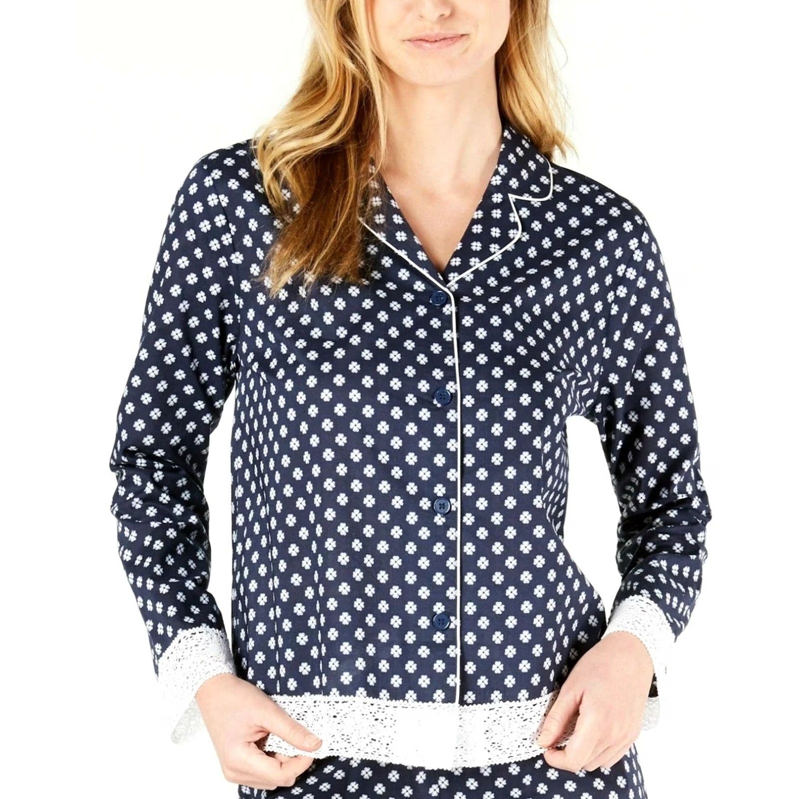 Charter Club Charter Club Pajama Top Navy Floral Lace Trim Cotton Notch Collar Small Womens Size S / US 4 / IT 40 - 2 Thumbnail