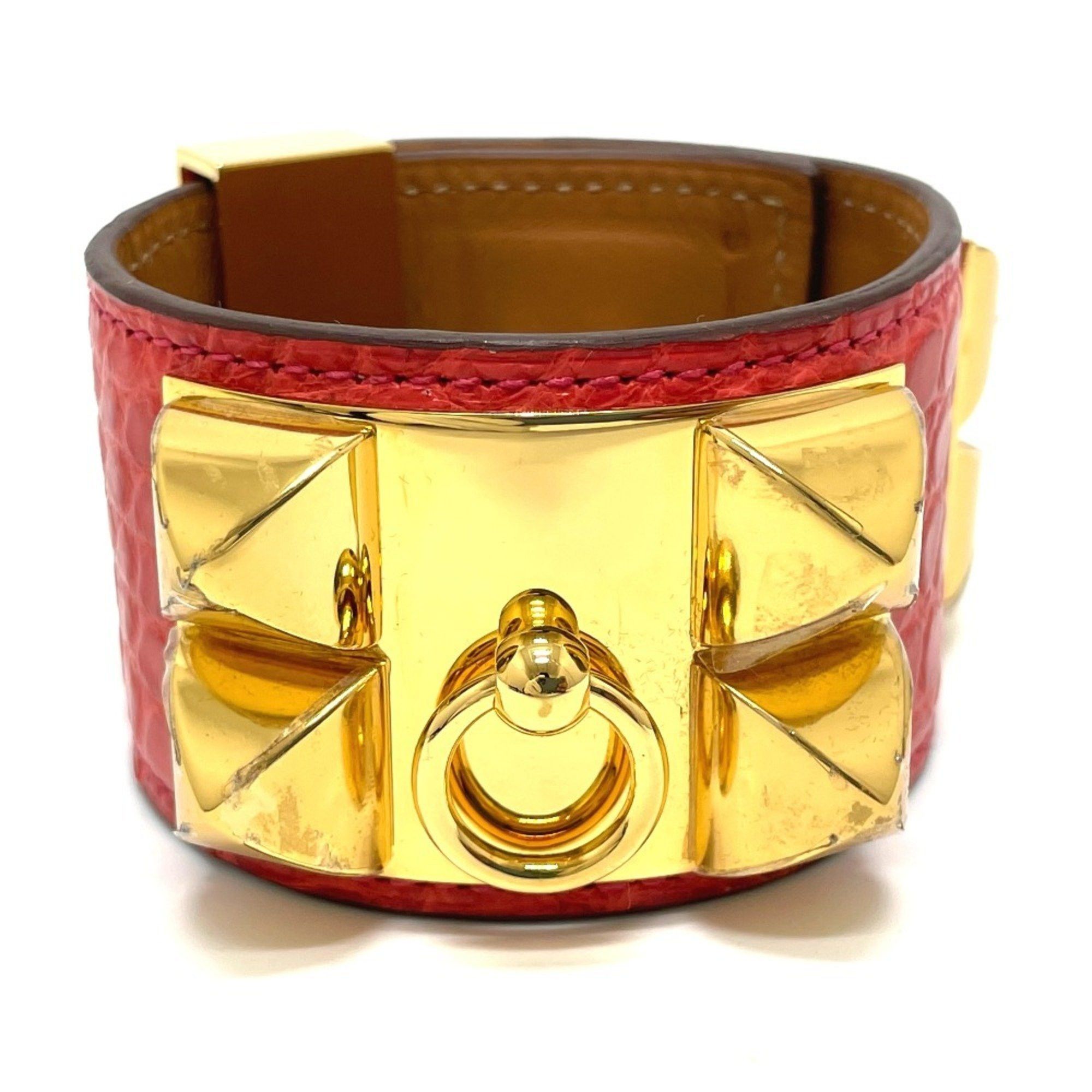 HERMES Collier de Chien Bangle Bracelet Women's Leather Bougainvillea Red with Gold Hardware
