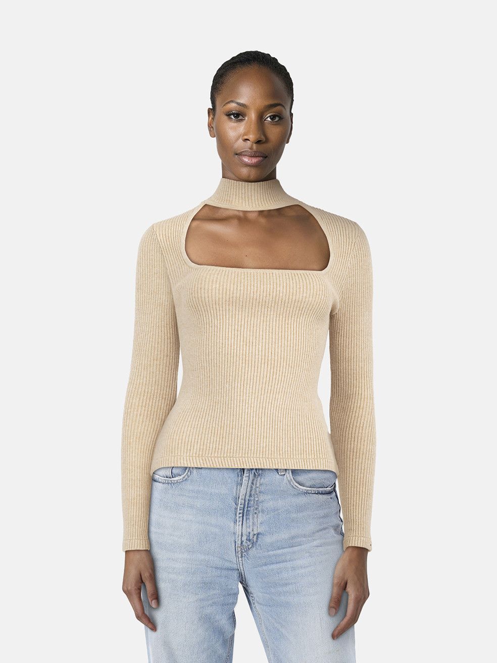 Jonathan Simkhai Beige Ribbed Cut Out Turtleneck Size S / US 4 / IT 40 - 1 Thumbnail