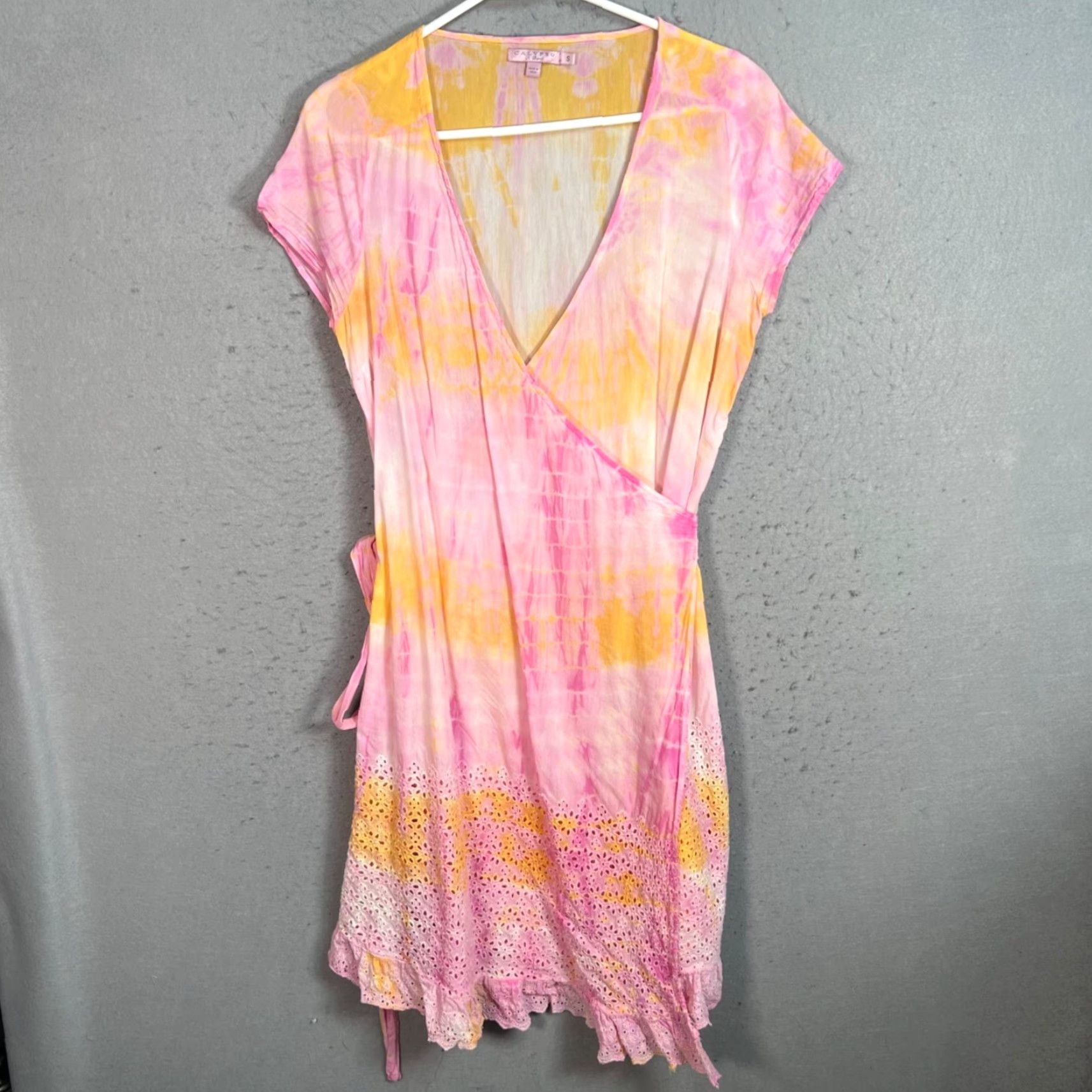 Vintage Calypso St. Barth Womens Small Pink & Yellow Tie-Dye Wrap Dress With Eyelet Hem Shirt Sleeveless V-Neck Casual Summer Spring Short Dress Womens Size S / US 4 / IT 40 - 2 Thumbnail
