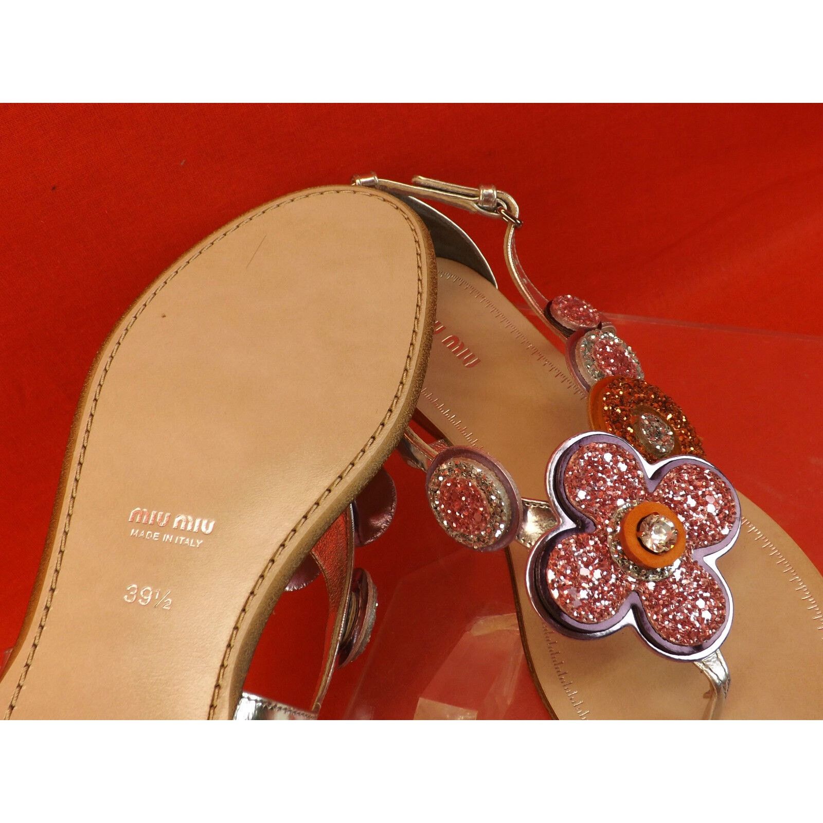 Miu Miu SILVER LEATHER GLITTER FLOWERS THONG FLATS SANDALS 39.5 Size US 9.5 / IT 39.5 - 9 Thumbnail