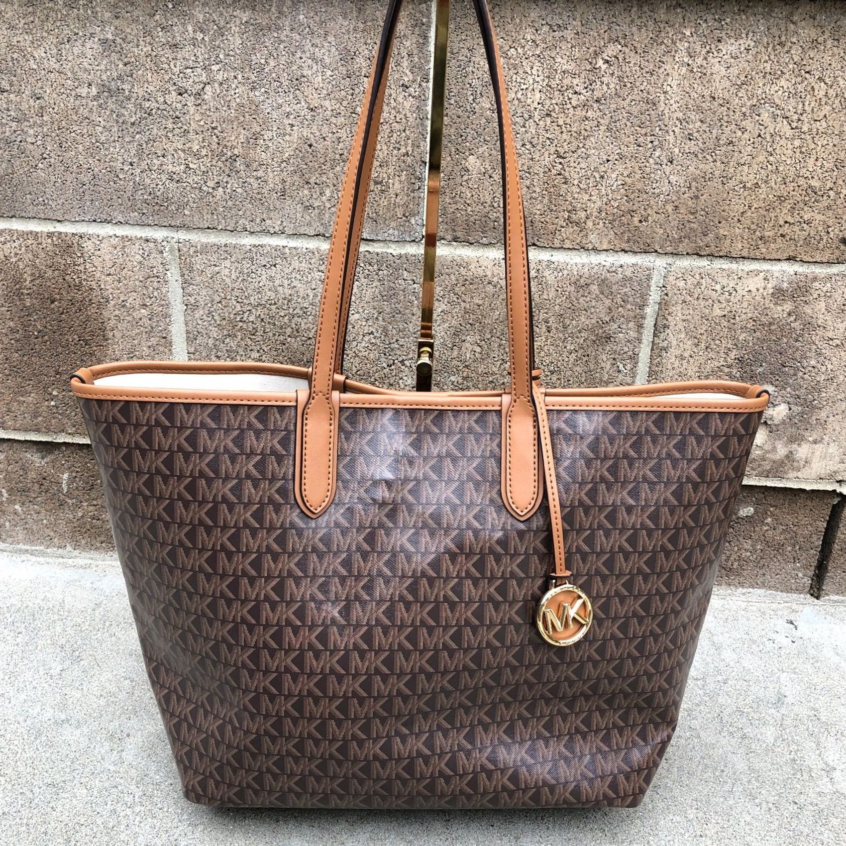 Michael Kors MICHAEL KORS Eliza Monogram Tote Bag Purse Brown East West Designer Shoulder Bag Women Large 13" W x 12" H x 5" D Canvas Leather Handle 13" (13 W) Size ONE SIZE - 2 Thumbnail