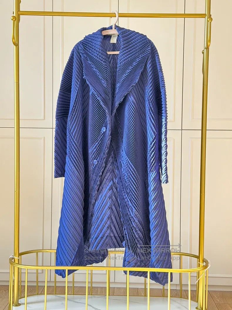 Issey Miyake Main Line Blue Long Pleated Trench Coat