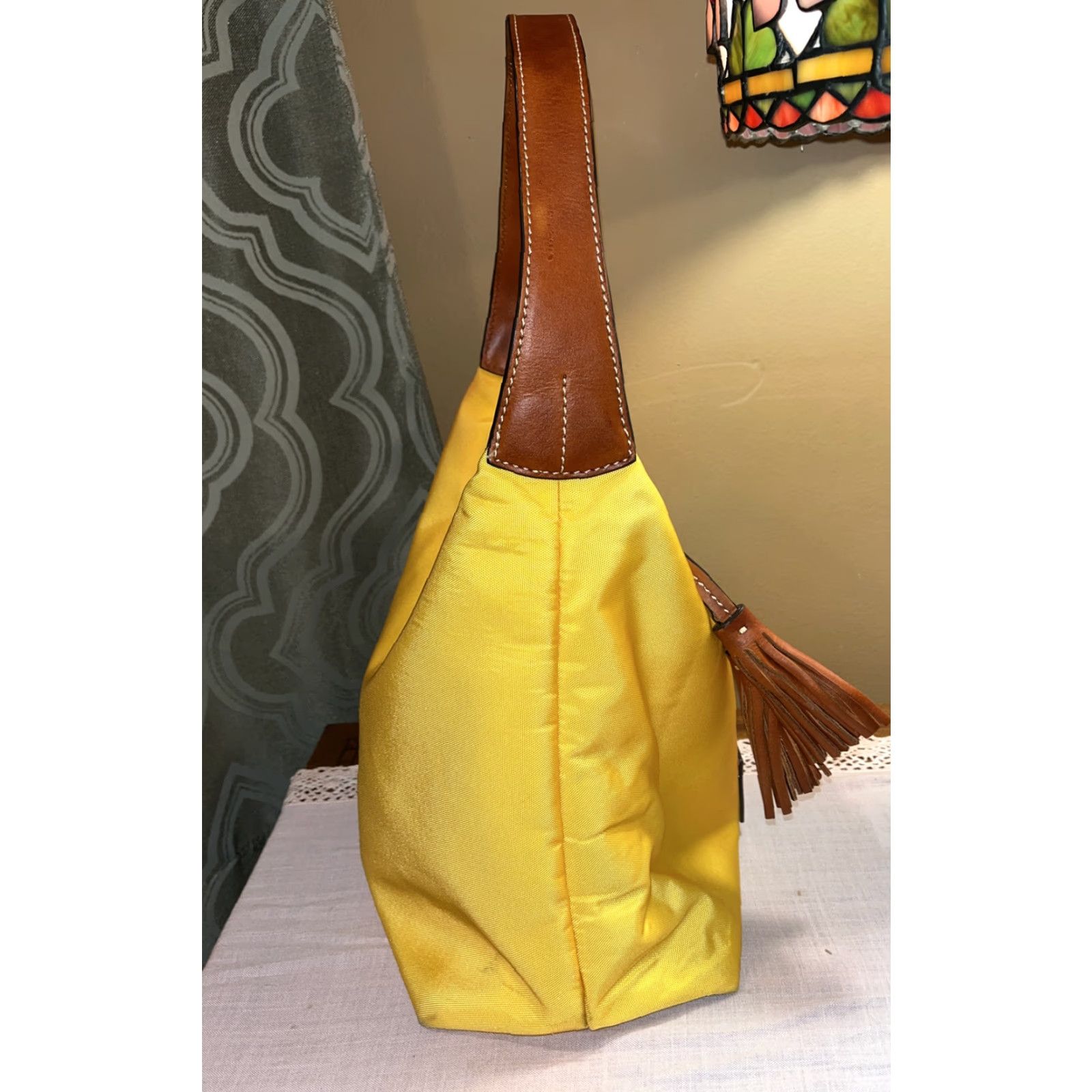 Dooney & Bourke Dooney & Bourke Yellow Canvas Hobo Style Handbag Leather Strap & Tassel Size ONE SIZE - 5 Thumbnail