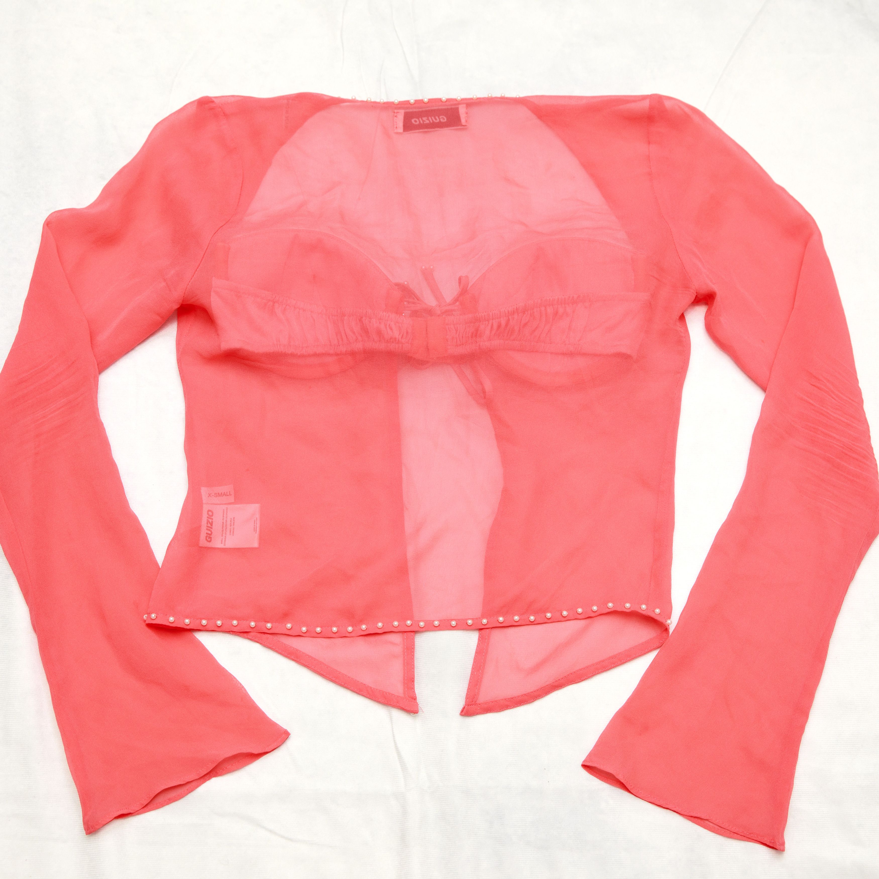 Guizio Danielle Guizio Long Sleeve Pearl Trim Top In Punch Silk Size XS / US 0-2 / IT 36-38 - 5 Thumbnail