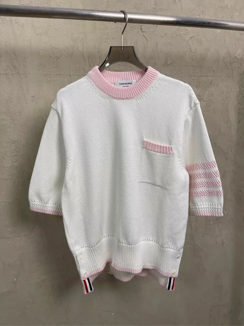 Other Thom Browne White and pink four stripe knit short sleeve Size M / US 6-8 / IT 42-44 - 4 Thumbnail