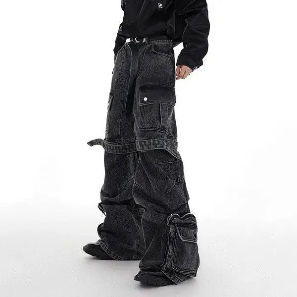 Japanese Brand Washed Multi Pocket Strap Wide Leg Denim Pant Size US 29 - 4 Thumbnail