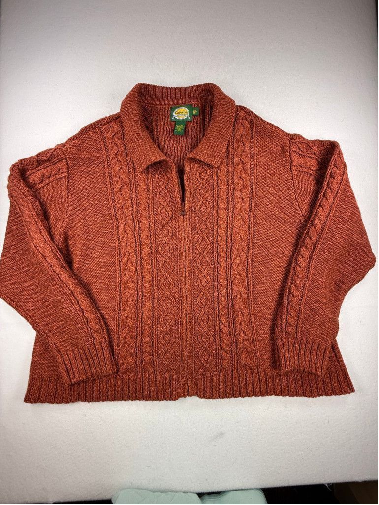 Cabelas Cabela's Cable Knit Cotton Quarter Zip Sweater Rust 2XL Size XXL / US 16-18 / IT 52-54 - 1 Thumbnail