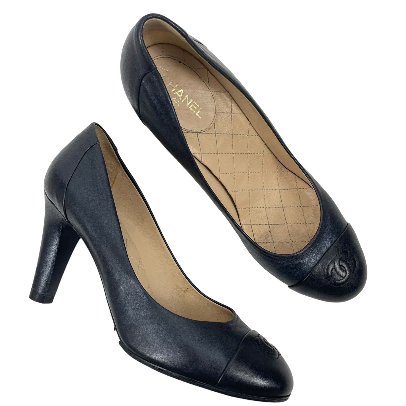 Chanel Cap Toe Leather Pumps Cc Logo Black Navy 39.5 Shoes, Women's