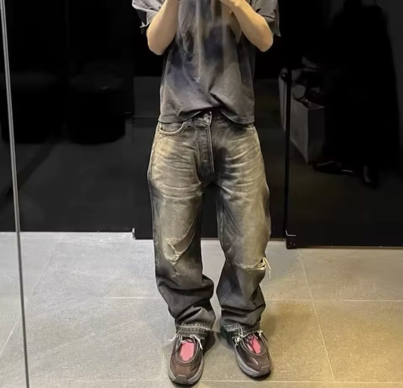 Denime × Jean Streetwear Damaged Hole Washed Baggy Jeans Size US 35 - 3 Thumbnail