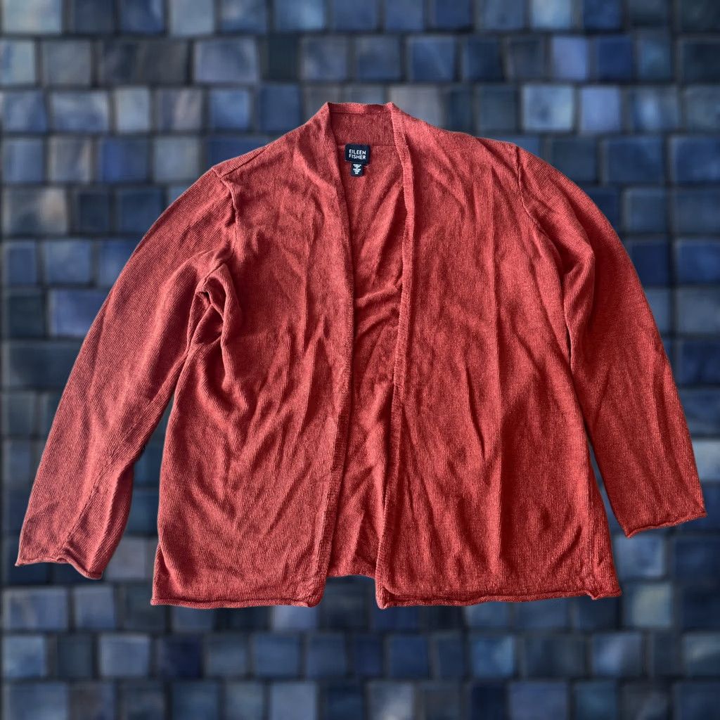 Eileen Fisher VINTAGE Eileen Fisher Blouse Cardigan Open Front Linen Knit Womens M Burnt Orange 100% Linen Open Front Collarless Casual Sleeve Regular Size M / US 6-8 / IT 42-44 - 1 Thumbnail