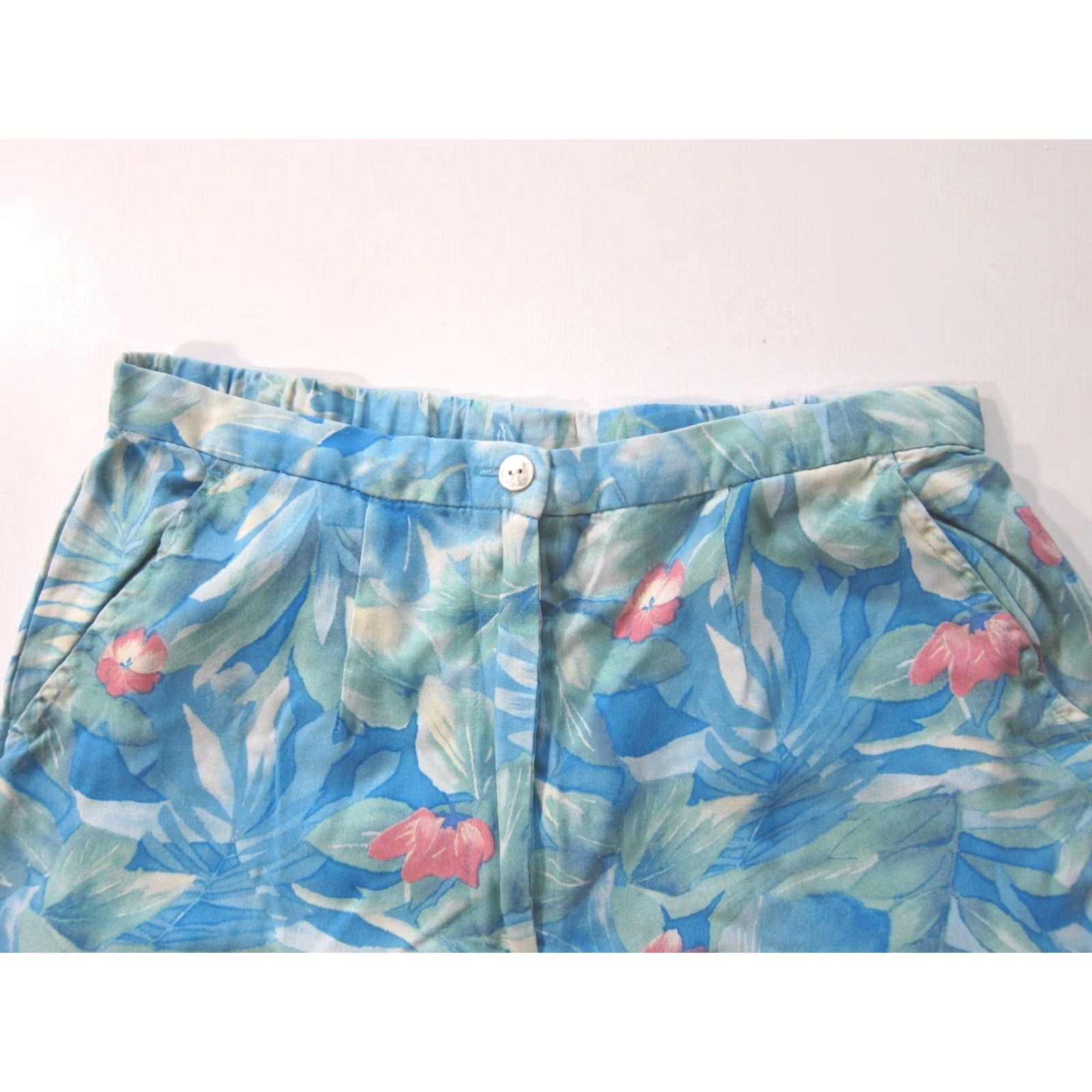 Vintage Pineapple Moon 100% Silk Capri Pant Women Small Blue Floral Hawaiian Pink 80s 90s Wide-Leg Pockets Zip Button Dressy Casual Size 28" / US 6 / IT 42 - 4 Thumbnail
