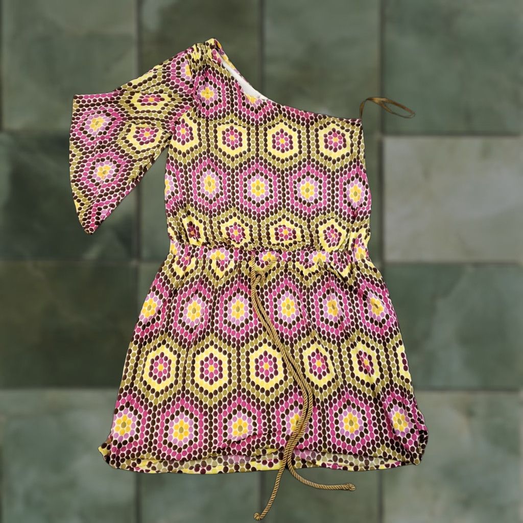 MILLY Milly One Shoulder Dress Shirt Woman Mini Pink Silk Geometric Pattern S Small Colorful Party Dress Womens Size 28" / US 6 / IT 42 - 1 Thumbnail