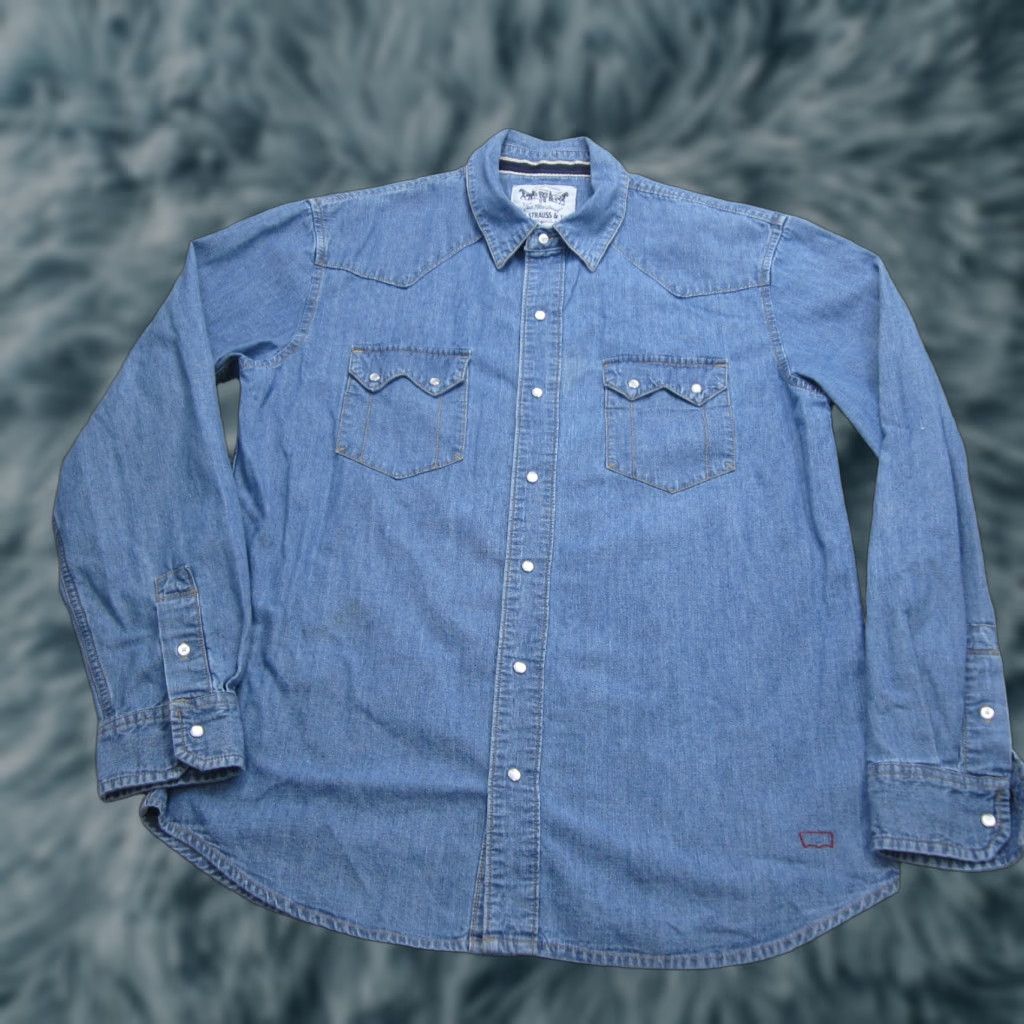 VINTAGE Levis Shirt Mens 2XL Denim Pearl Snap Western Cowboy Sawtooth Selvedge Shirt Mens 2XL Denim Pearl Snap Western Cowboy Sawtooth Selvedge Blue
