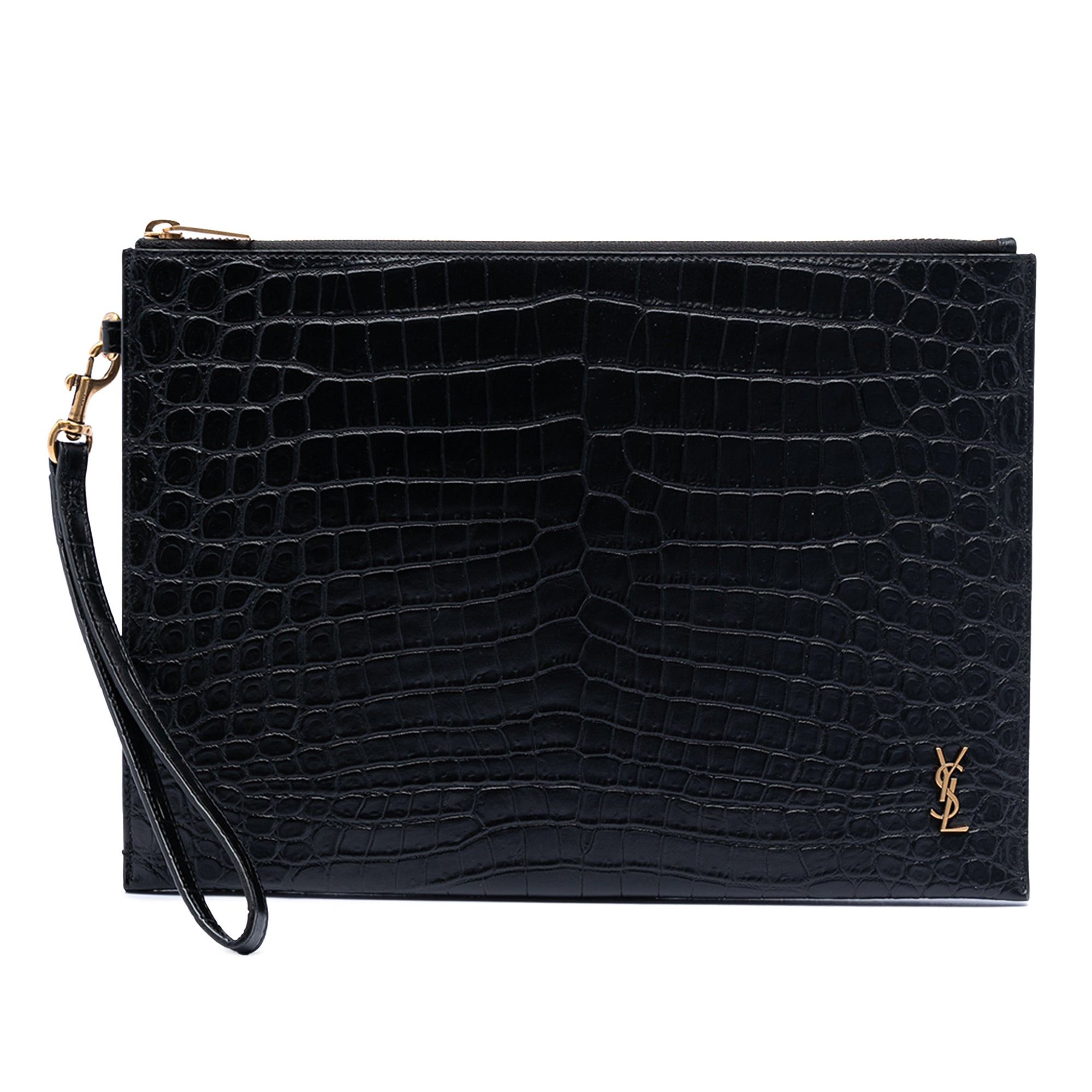 Saint Laurent Paris Croc Embossed Leather Tiny Monogram Zipped Tablet Holder Size ONE SIZE - 1 Thumbnail