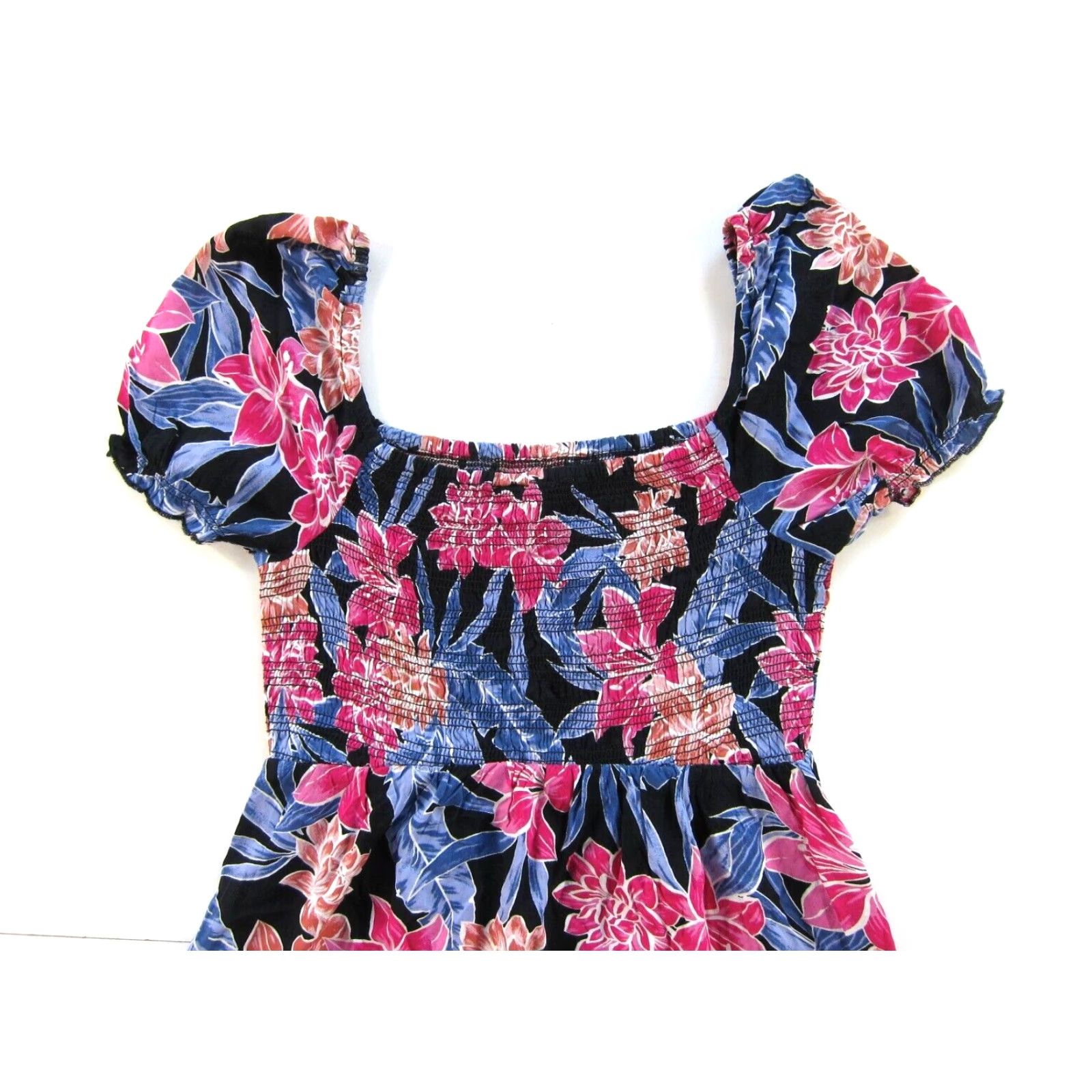 Vintage ROXY 100% Rayon Floral Short Sleeve Sheath Sun Dress XS Women Pink Purple Knee Length Smock A-Line, Regular, Pullover, Flower Pattern Size 26" / US 2 / IT 38 - 6 Thumbnail