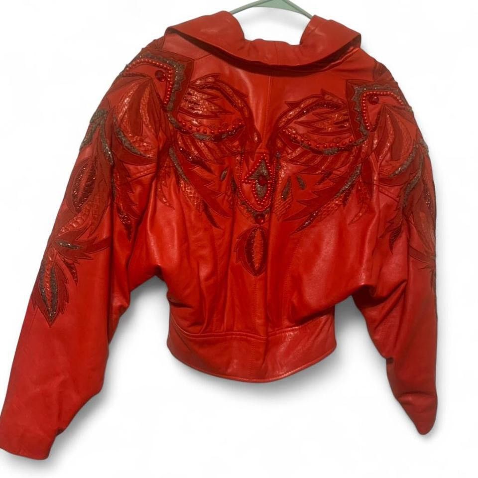 Other Erez Vintage 80s Red Leather Beaded Jacket Size M / US 6-8 / IT 42-44 - 2 Thumbnail