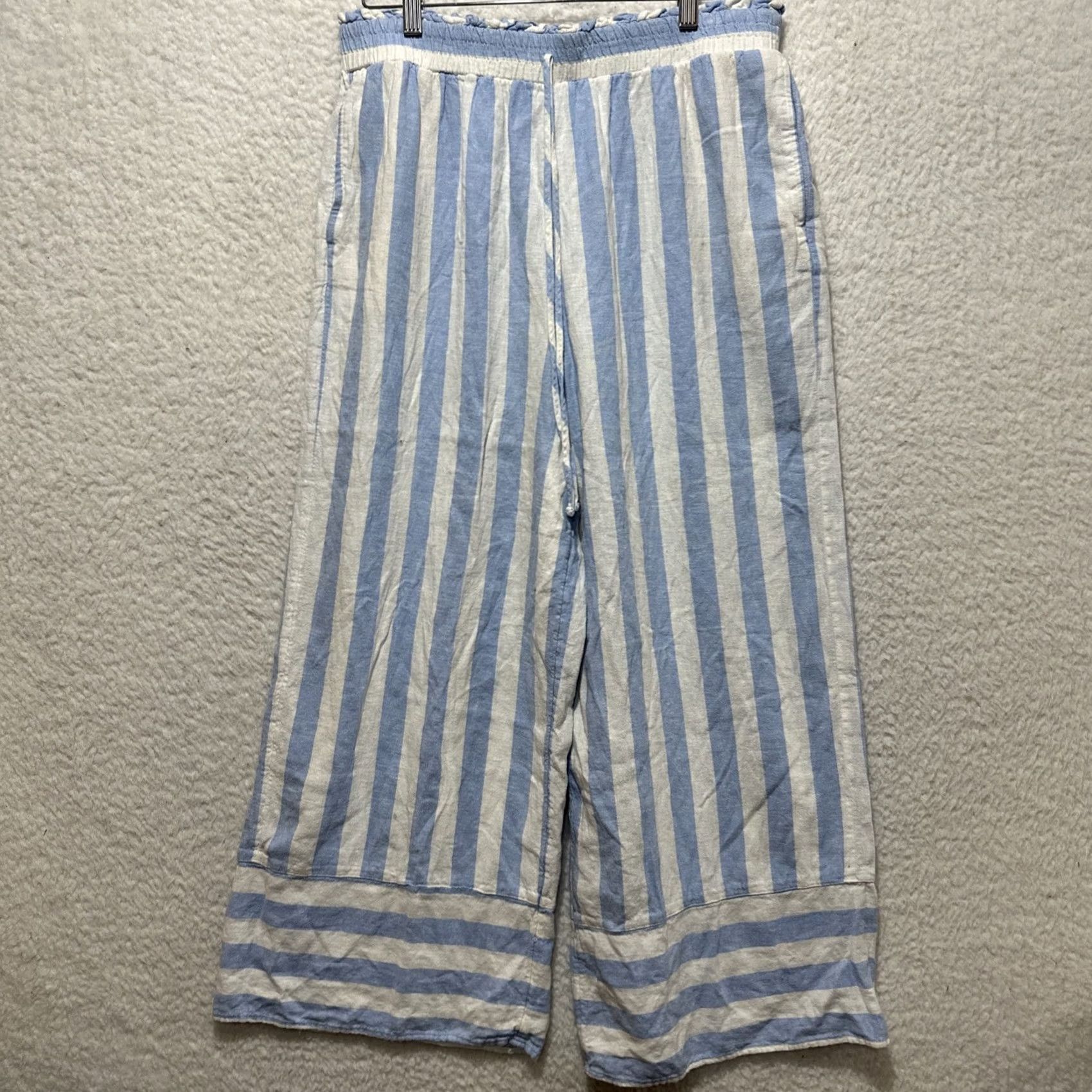 Vintage Lauren Conrad Pants Women’s Large Blue White Stripe Linen Wide-Leg Cropped (LC Lauren Conrad) Size 36" / US 14 / IT 50 - 2 Thumbnail