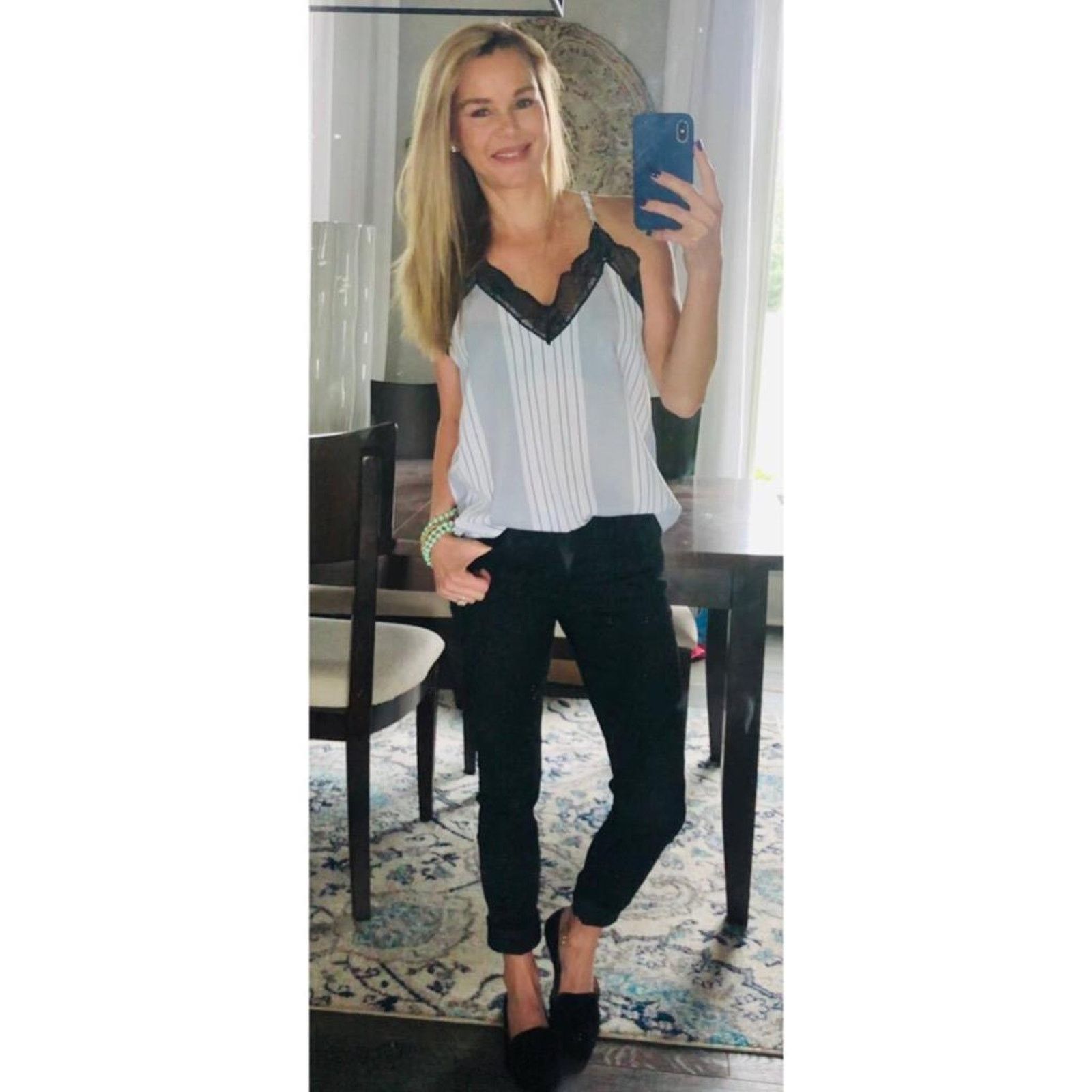 Other NEW Black White Stripe Lace V-Neck Racerback Blouse Top Size M / US 6-8 / IT 42-44 - 2 Thumbnail