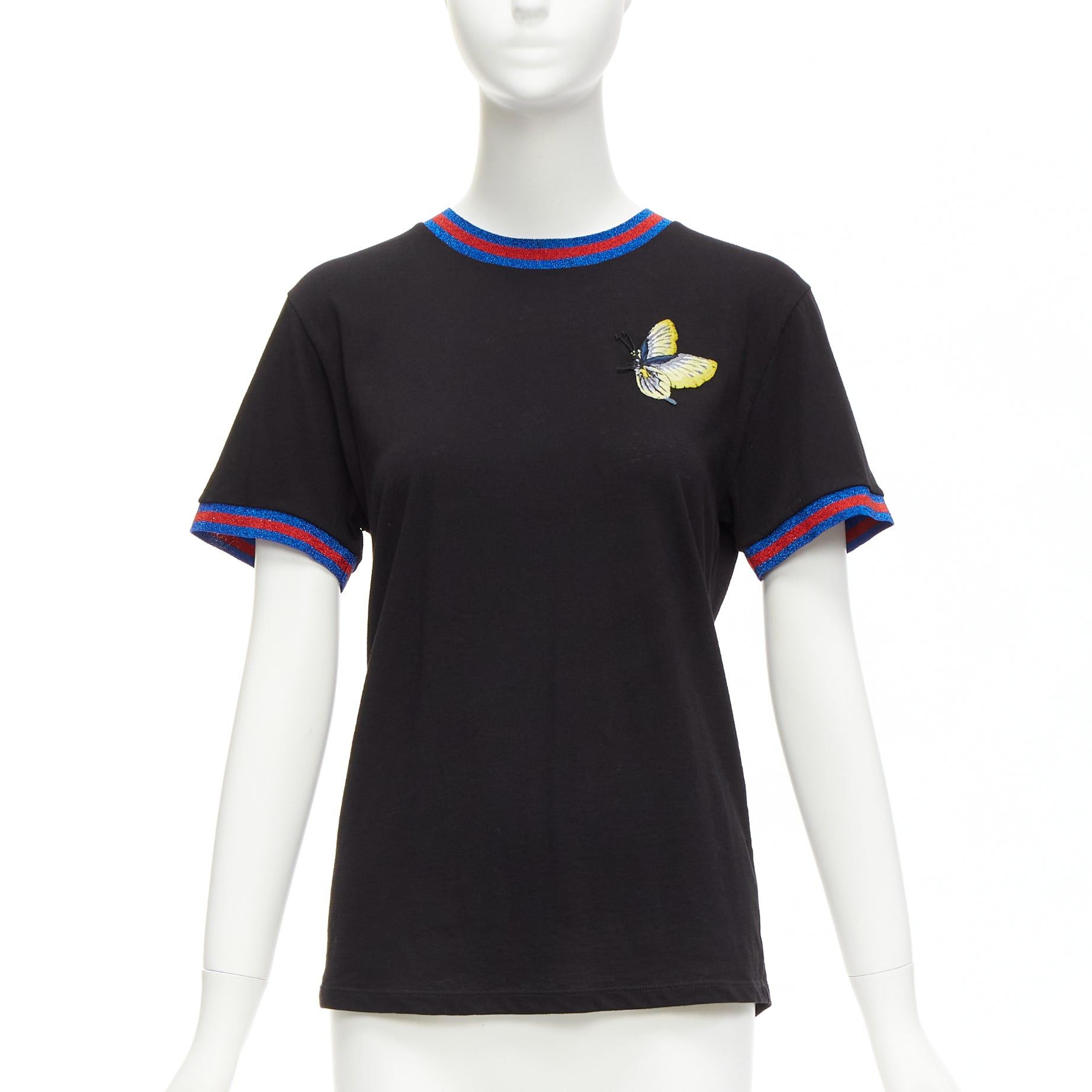 image of Gucci Black Yellow Butterfly Embroidery Patch Blue Red Web Tshirt Xs, Women's (Size Small)