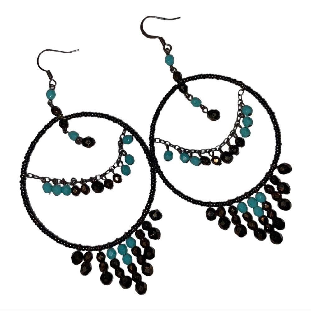 Designer Teal & Brown Boho Beaded Dangle Earrings Size ONE SIZE - 1 Thumbnail