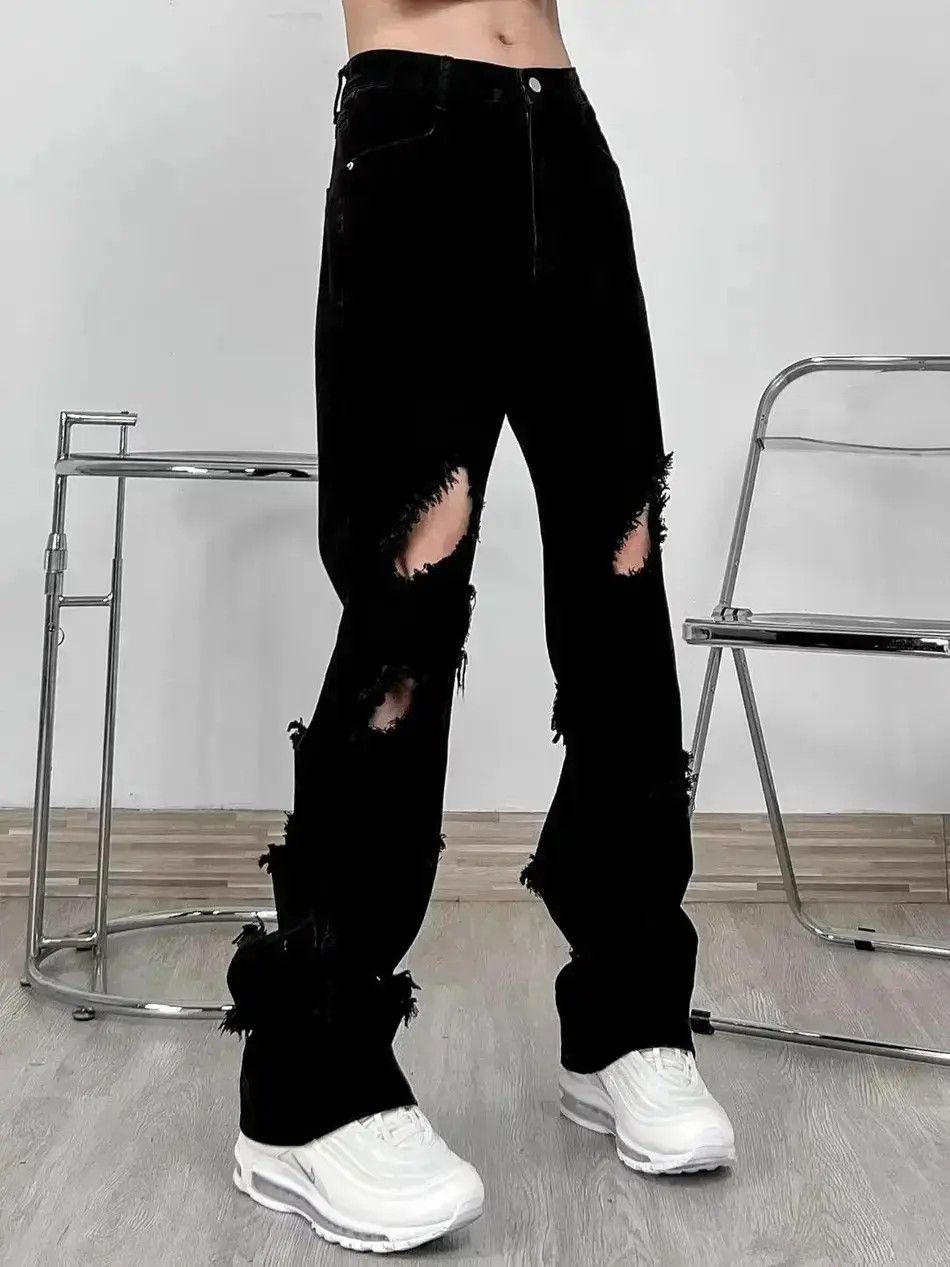 Japanese Brand High street black ripped straight leg jeans Size US 32 / EU 48 - 6 Thumbnail