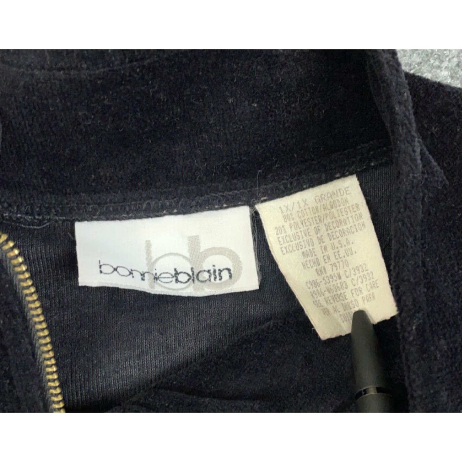 Velour VINTAGE Bonnie Blain Velour Zip Track Jacket Women 1X Black Striped Full Zip 90s USA Made Womens Size XL / US 12-14 / IT 48-50 - 3 Thumbnail