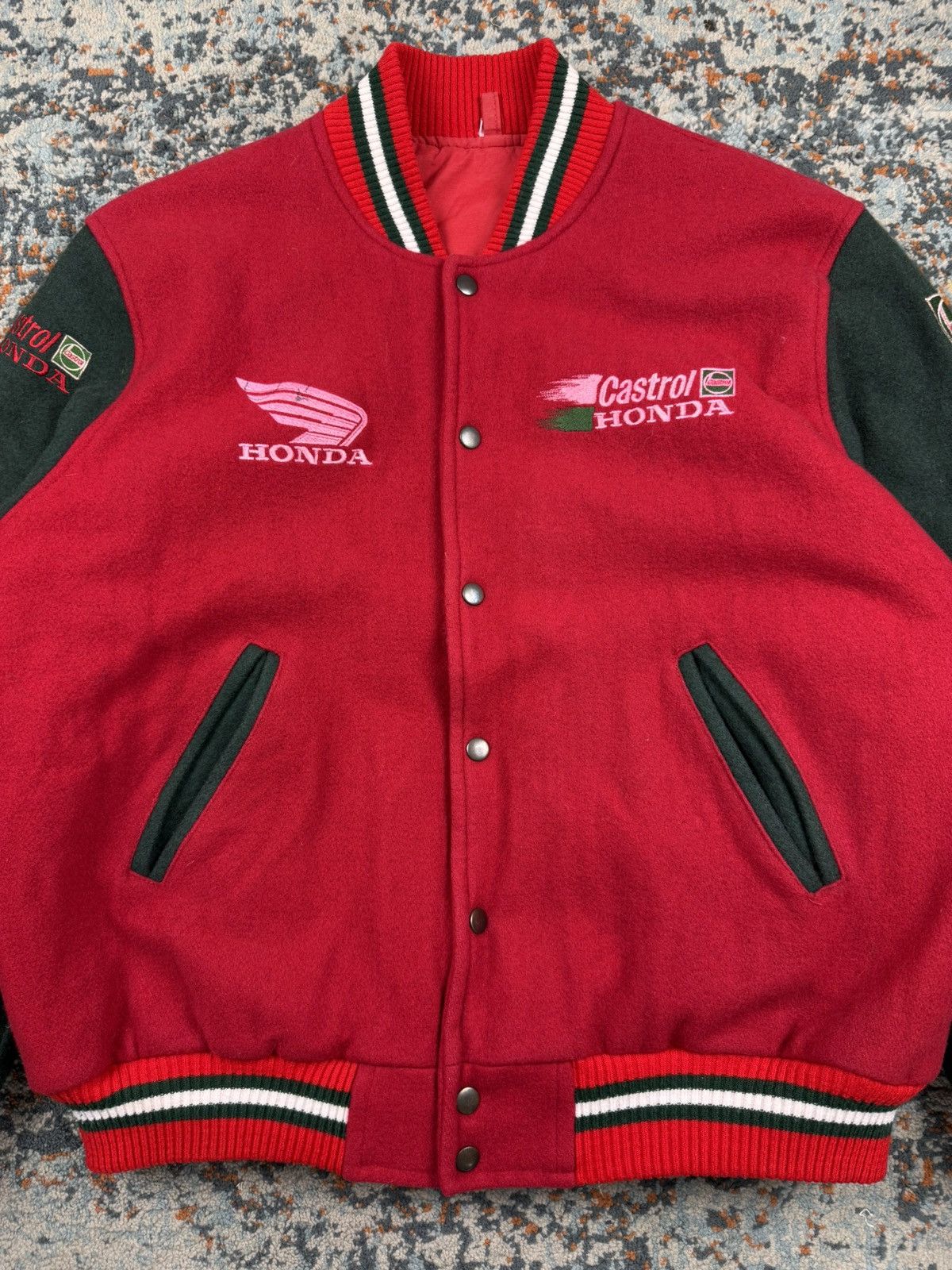 Honda Vintage 80s Honda Castrol heavy wool varsity racing jacket Size US L / EU 52-54 / 3 - 8 Thumbnail