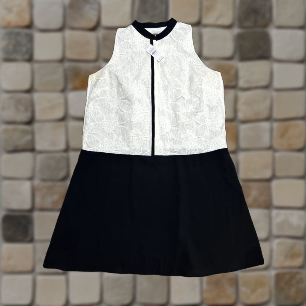 Loft Loft Dress Womens L White Black Floral Lace Blouson Crew Neck Sleeveless A-Line Casual Vintage: No Size L / US 10 / IT 46 - 1 Thumbnail