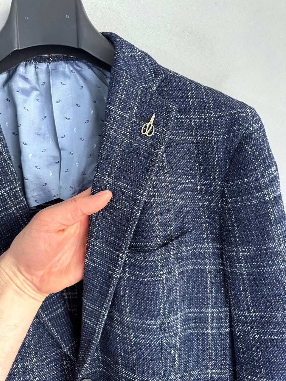 Paoloni Paoloni Men's Blazer Wool/Cotton Dark Blue Check, Size 52 Size 52R - 5 Thumbnail