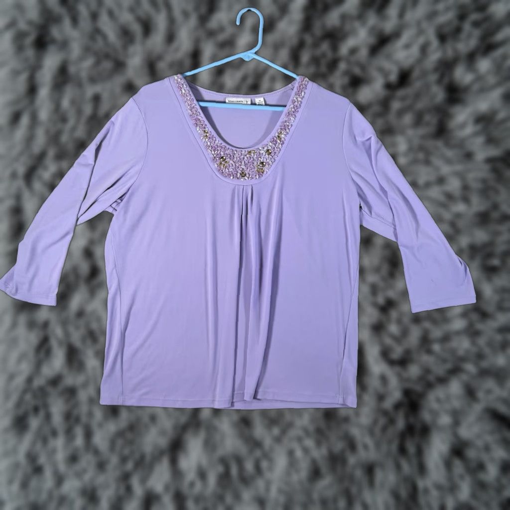 Vintage Susan Graver Blouse M Purple Fairy Romantic Pastel Lavender Jewels Feminine Flow y (note: constraint: no new words; ensure spelling) Size M / US 6-8 / IT 42-44 - 1 Thumbnail