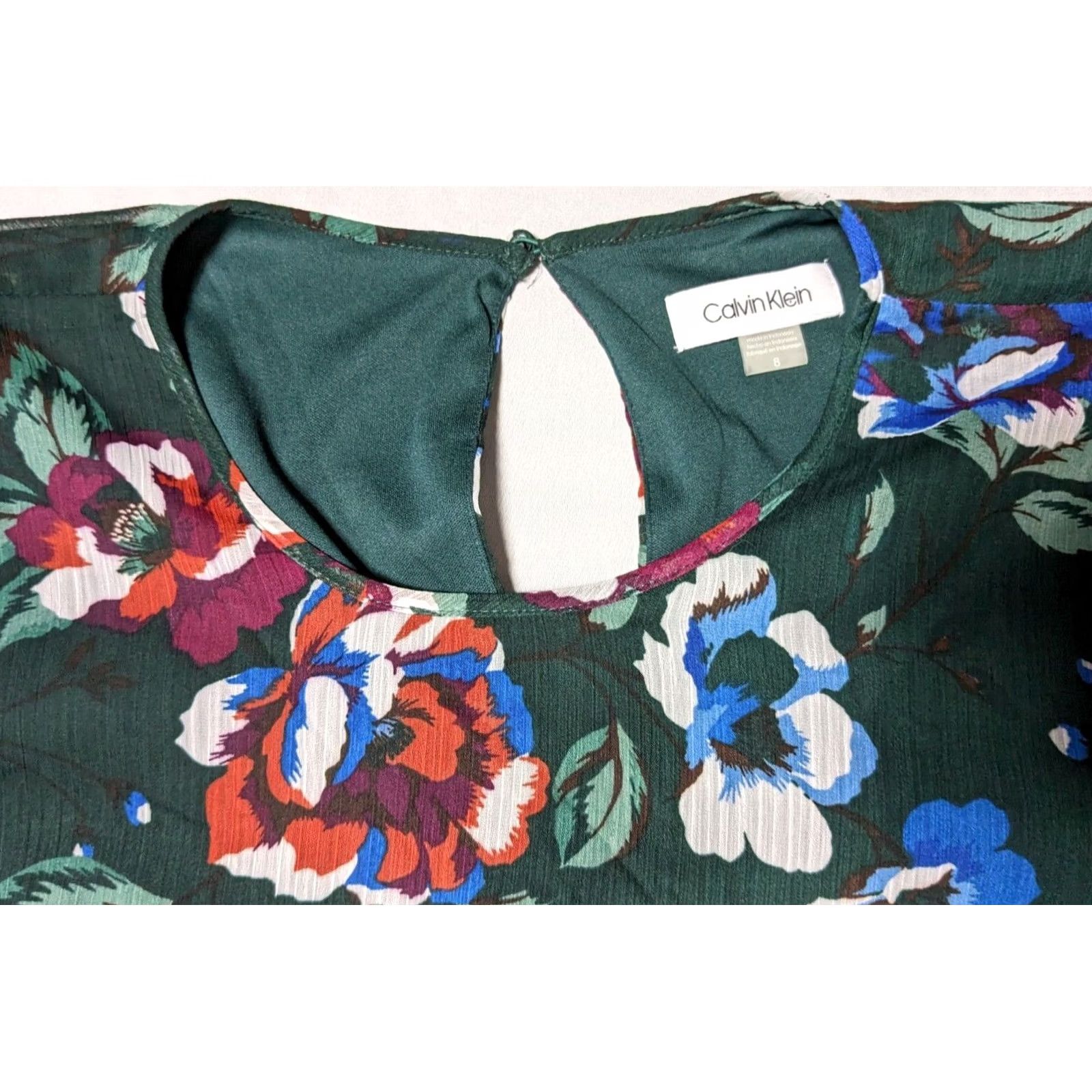 Calvin Klein VINTAGE CALVIN KLEIN Green Floral Balloon 3/4 Sleeve Chiffon Shift Dress Women 8 NEW Size M / US 6-8 / IT 42-44 - 5 Thumbnail