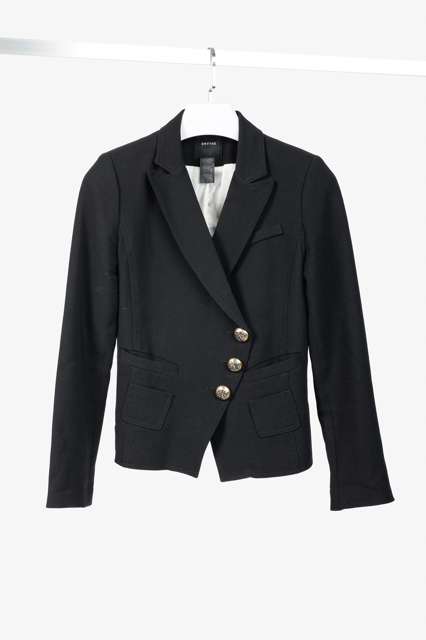 SMYTHE Smythe Black Wool-Blend 3-Button Wrap Blazer Size M / US 6-8 / IT 42-44 - 1 Thumbnail