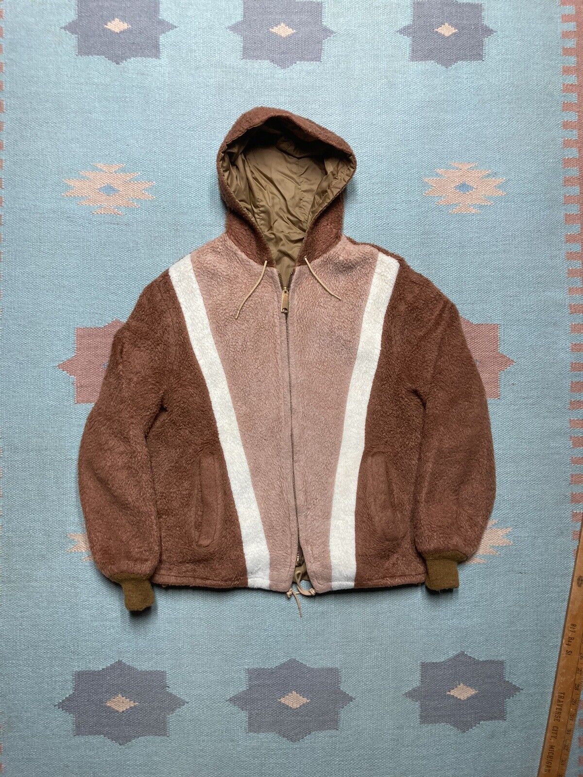 VTG 60s zip hoodie acrylic pile fuzzy striped reversible S