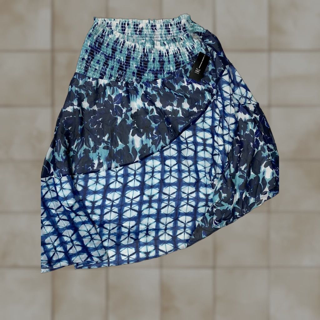 Vintage INC International Concepts Skirt Women L Blue Knee Length A-Line Casual Floral 100% Polyester Asymmetric Ruffle Lined Sail? Size 36" / US 14 / IT 50 - 1 Thumbnail